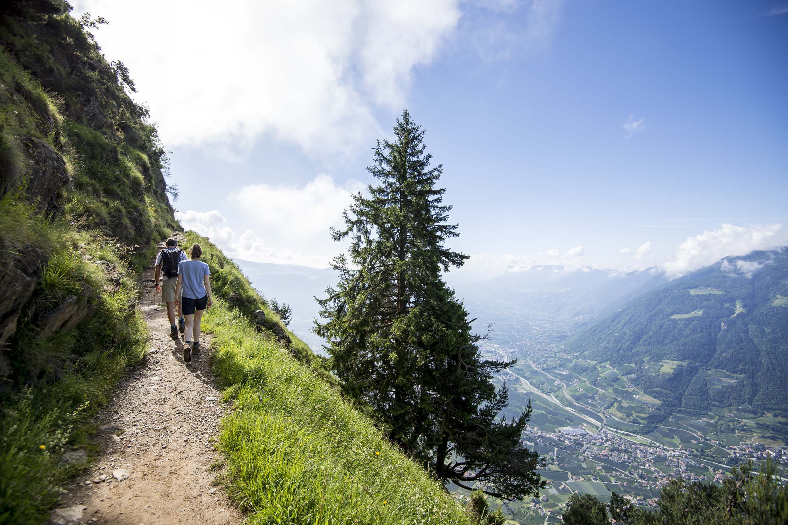 Hiking couple on the Meraner Höhenweg with a view of the Etsch valley